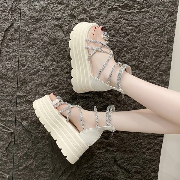 High-End Rhinestone Open-Toe Sandals for Women - 8cm Thick Sole, 2025 Summer Style, Perfect for Skirts, Chic Roman Footwear