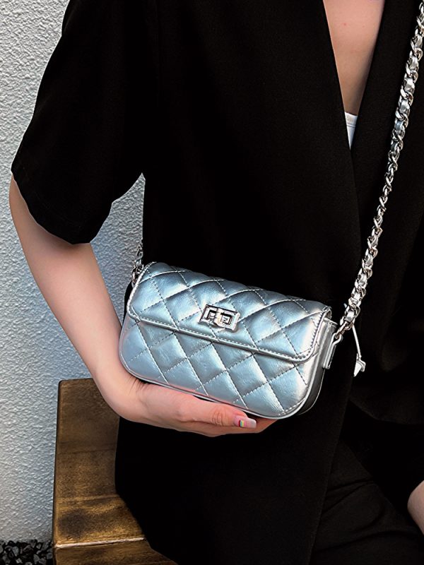 High-End Silver Diamond-Patterned Chain Crossbody Bag for Women - 2025 Minimalist Summer Fashion