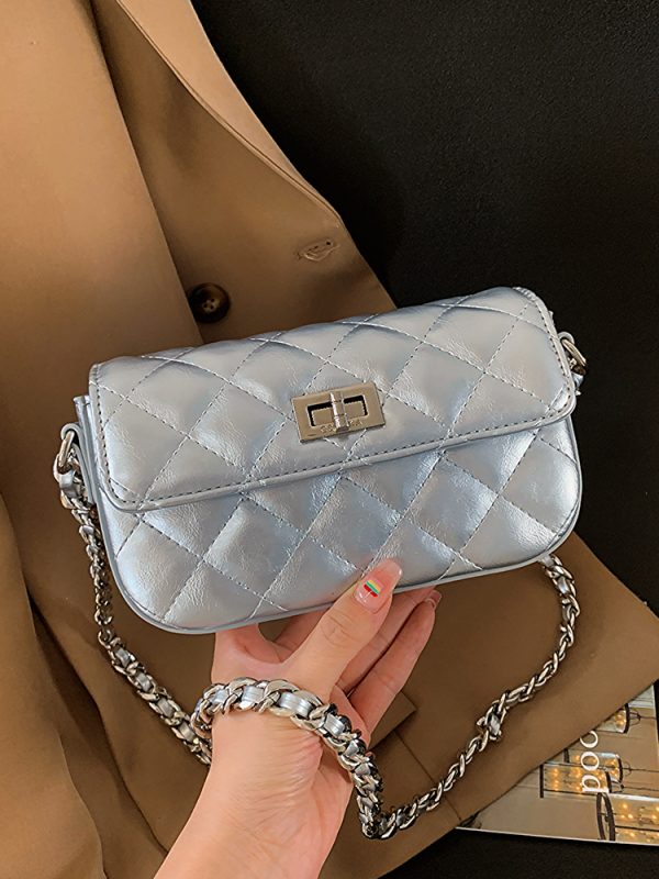 High-End Silver Diamond-Patterned Chain Crossbody Bag for Women - 2025 Minimalist Summer Fashion