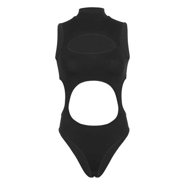 High Energy Motorcycle Deconstructed Hollow-Out Sexy High-Neck Bodysuit with Exposed Waist and Back - Trendy Y2K Style