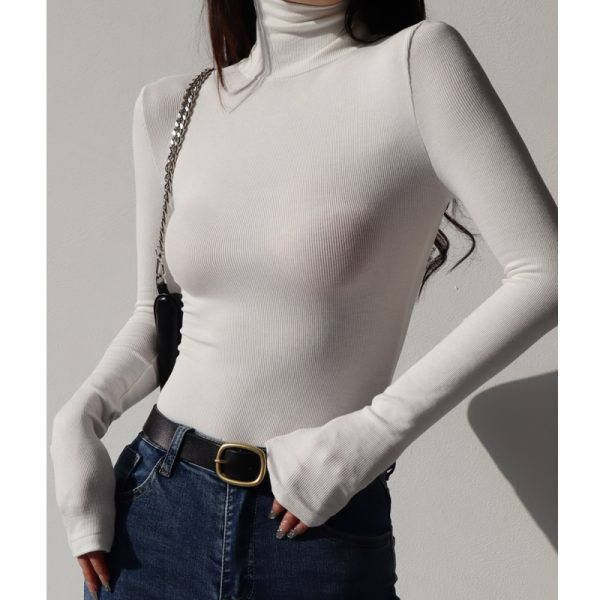 High-Neck Ribbed Long Sleeve T-Shirt - Sexy Slim-Fit Vintage Stretchy Base Layer Top for American Style Fashion