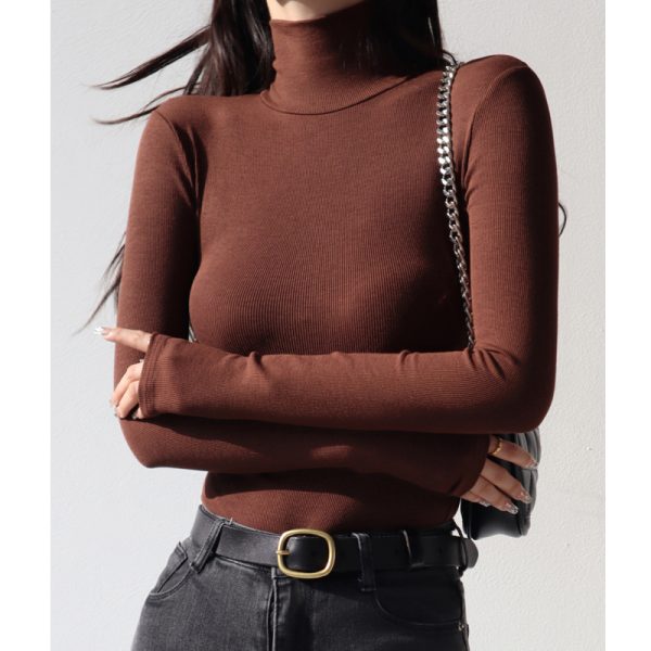 High-Neck Ribbed Long Sleeve T-Shirt - Sexy Slim-Fit Vintage Stretchy Base Layer Top for American Style Fashion