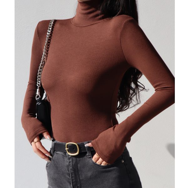 High-Neck Ribbed Long Sleeve T-Shirt - Sexy Slim-Fit Vintage Stretchy Base Layer Top for American Style Fashion
