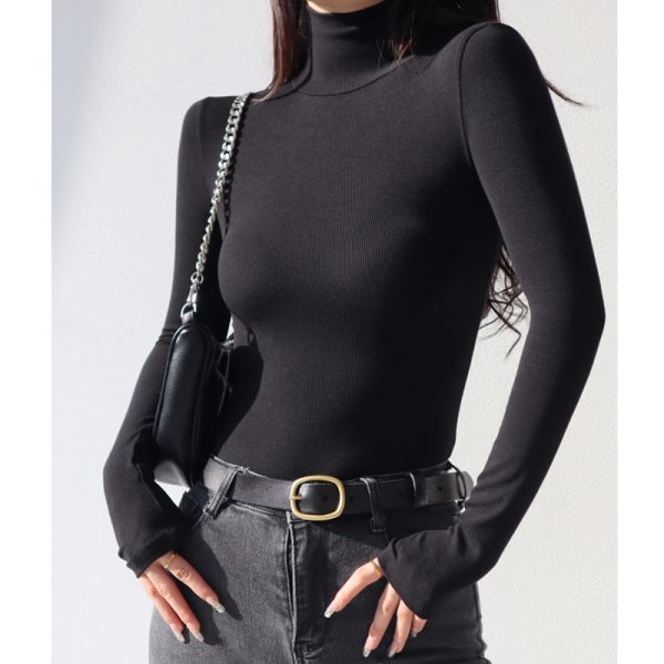 High-Neck Ribbed Long Sleeve T-Shirt - Sexy Slim-Fit Vintage Stretchy Base Layer Top for American Style Fashion