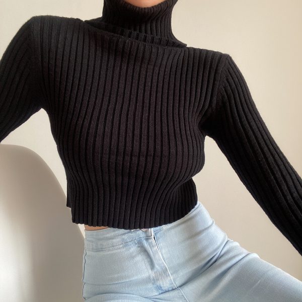 High-Neck Slim Fit Ribbed Knit Top for Autumn & Winter - Solid Color Long Sleeve Sweater Base Shirt in European American Style
