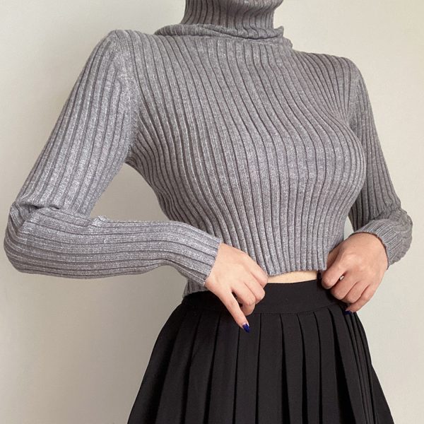 High-Neck Slim Fit Ribbed Knit Top for Autumn & Winter - Solid Color Long Sleeve Sweater Base Shirt in European American Style
