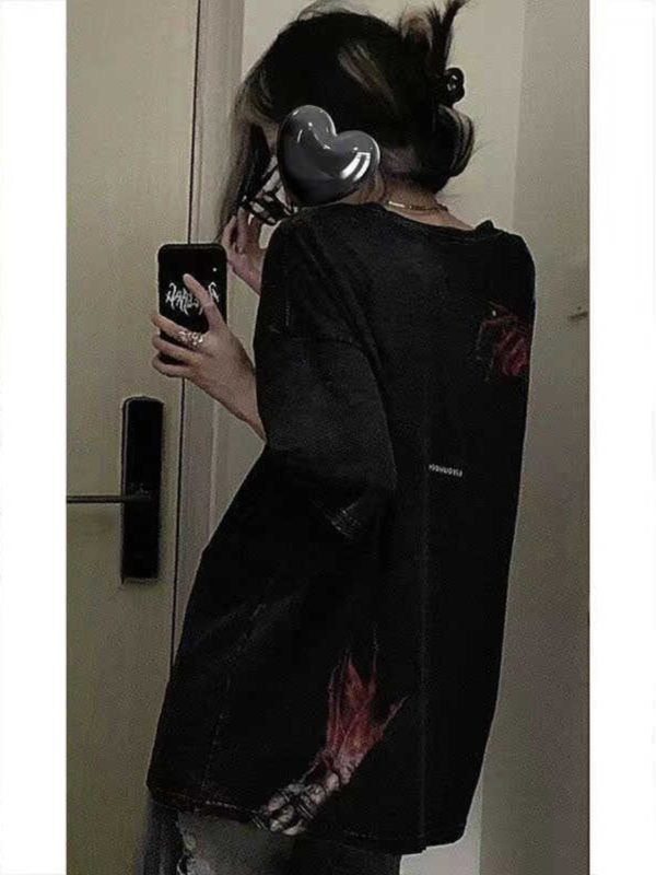 High Street Dark Style Vintage Water-Washed Oversized Short Sleeve T-Shirt for Women - Summer Evil Hand Design