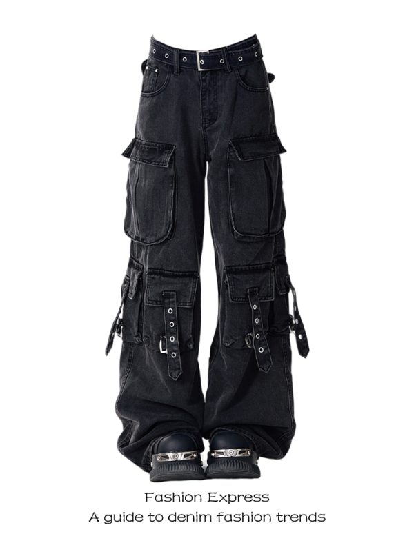 High Street Multi-Pocket Black Denim Workwear Pants for Women - Loose Wide-Leg Floor-Length Style, Autumn/Winter 2025 Fashion