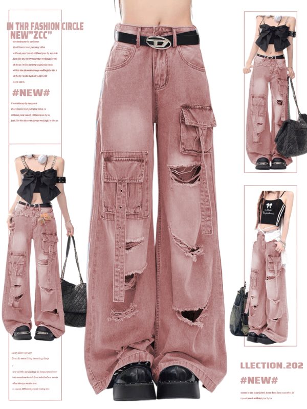 High Street Pink Ripped Jeans for Women, Loose Wide-Leg Floor-Length Pants, Spring Autumn 2025 Fashion