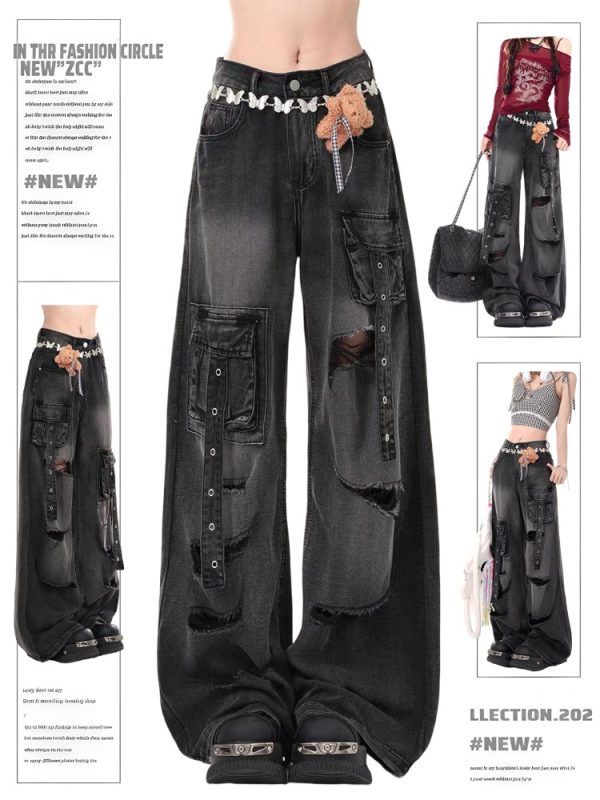 High Street Pink Ripped Jeans for Women, Loose Wide-Leg Floor-Length Pants, Spring Autumn 2025 Fashion