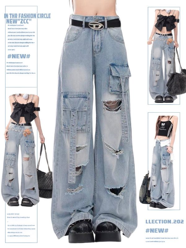 High Street Pink Ripped Jeans for Women, Loose Wide-Leg Floor-Length Pants, Spring Autumn 2025 Fashion