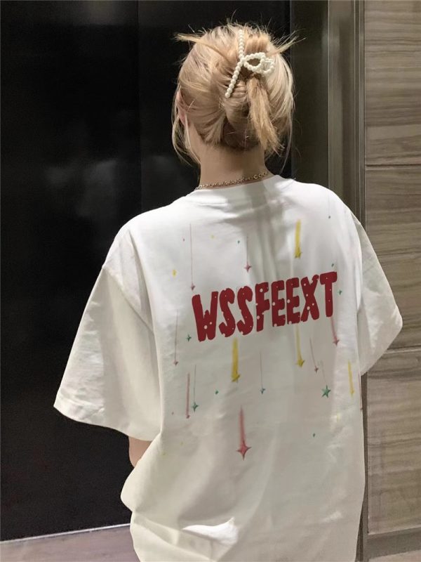 High Street Pure Cotton White Short Sleeve T-Shirt for Women, Plus Size, American Style, Casual Couple Top, Niche Design