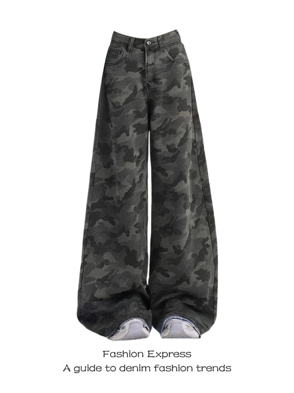 High Street Retro Camouflage Workwear Jeans for Women - 2025 Straight Wide-Leg Pants, American Style, Trendy Fashion