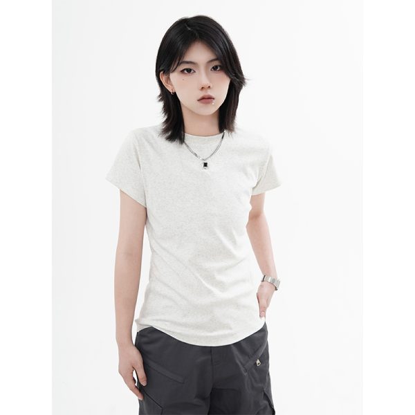 High Street Solid Color Short-Sleeve T-Shirt for Men and Women, Retro Straight Shoulder Small Collar, Fitted Y2K Style Top