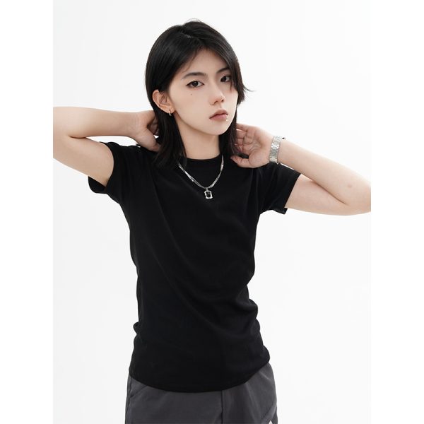 High Street Solid Color Short-Sleeve T-Shirt for Men and Women, Retro Straight Shoulder Small Collar, Fitted Y2K Style Top