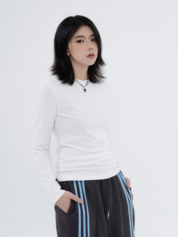 High Street Solid Color Short-Sleeve T-Shirt for Men and Women, Retro Straight Shoulder Small Collar, Fitted Y2K Style Top