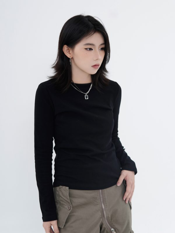 High Street Solid Color Short-Sleeve T-Shirt for Men and Women, Retro Straight Shoulder Small Collar, Fitted Y2K Style Top