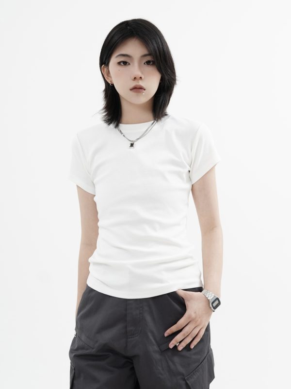 High Street Solid Color Short-Sleeve T-Shirt for Men and Women, Retro Straight Shoulder Small Collar, Fitted Y2K Style Top