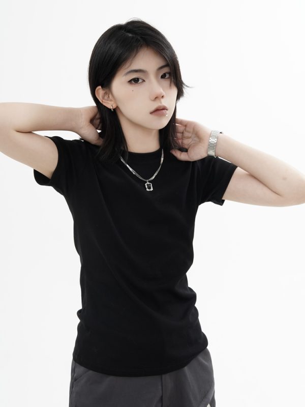 High Street Solid Color Short-Sleeve T-Shirt for Men and Women, Retro Straight Shoulder Small Collar, Fitted Y2K Style Top