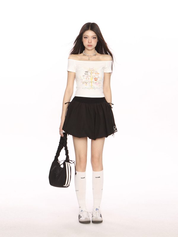 High Waist College Style Floral Puff Skirt - Women's A-Line Slim Fit Drawstring Short Skirt, 90s Inspired Ballet Style