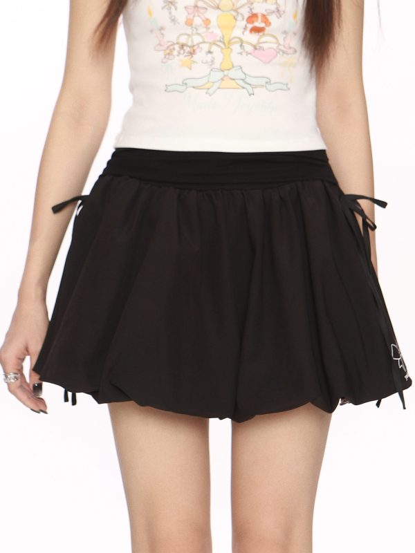 High Waist College Style Floral Puff Skirt - Women's A-Line Slim Fit Drawstring Short Skirt, 90s Inspired Ballet Style