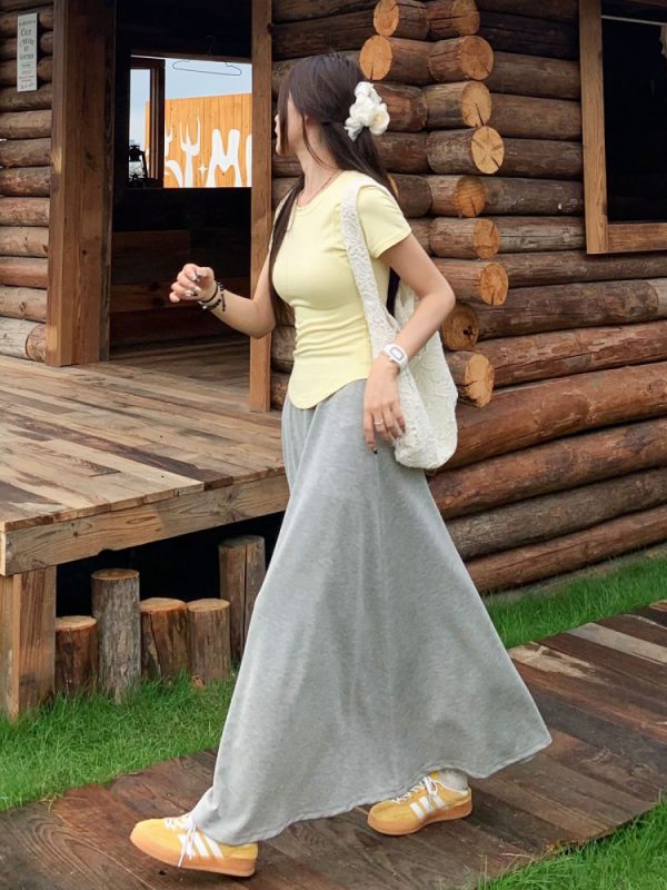 High Waist Gray A-Line Skirt for Women - Slimming Summer Versatile Style, Simple Cool Feel, Perfect for 90s and Y2K Fashion
