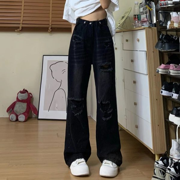 High Waist Ripped Jeans for Women - Trendy Summer Straight Leg Pants, Floor-Length Washed Style, INS Fashion, Casual Chic Look