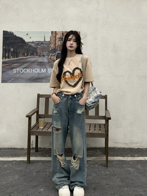 High Waist Ripped Jeans for Women - Trendy Summer Straight Leg Pants, Floor-Length Washed Style, INS Fashion, Casual Chic Look