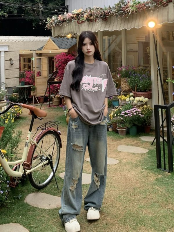 High Waist Ripped Jeans for Women - Trendy Summer Straight Leg Pants, Floor-Length Washed Style, INS Fashion, Casual Chic Look