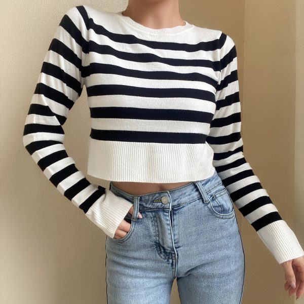 High-Waisted Black and White Striped Knit Top for Women - French Minimalist Versatile Basic Round Neck Style