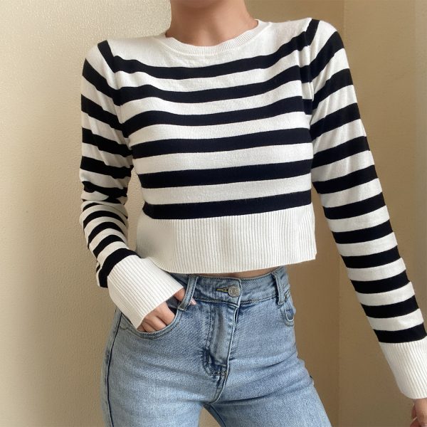 High-Waisted Black and White Striped Knit Top for Women - French Minimalist Versatile Basic Round Neck Style