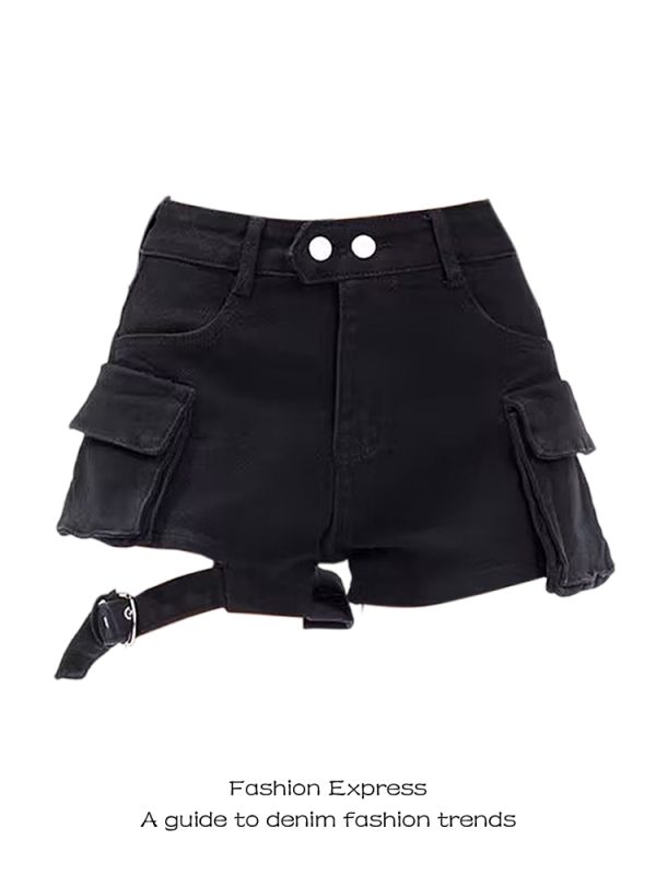 High-Waisted Black Denim Shorts for Women - Retro Workwear Style, Slim-Fit Hot Pants for Spring and Autumn 2025