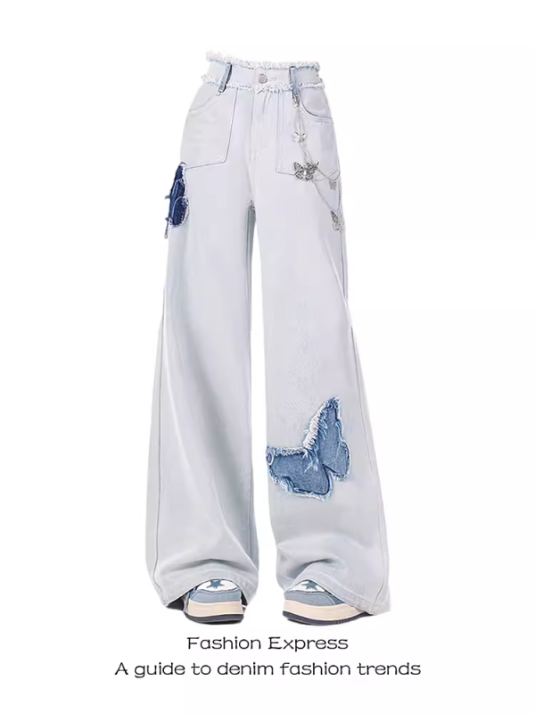 High-Waisted Black Frayed Butterfly Patchwork Flared Jeans for Women - Vintage Autumn Winter Slim-Fit Floor-Length Pants