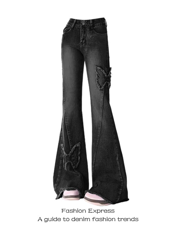 High-Waisted Black Frayed Butterfly Patchwork Flared Jeans for Women - Vintage Autumn Winter Slim-Fit Floor-Length Pants