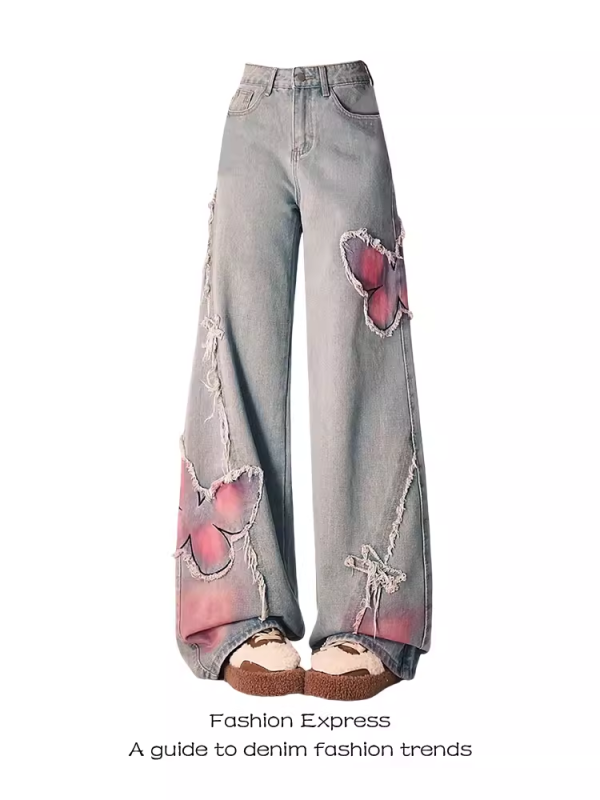 High-Waisted Black Frayed Butterfly Patchwork Flared Jeans for Women - Vintage Autumn Winter Slim-Fit Floor-Length Pants