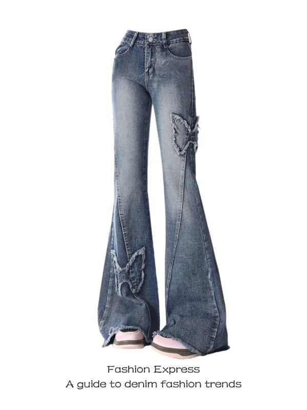 High-Waisted Black Frayed Butterfly Patchwork Flared Jeans for Women - Vintage Autumn Winter Slim-Fit Floor-Length Pants