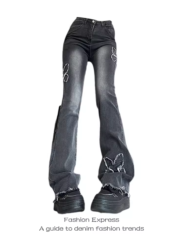 High-Waisted Black Frayed Butterfly Patchwork Flared Jeans for Women - Vintage Autumn Winter Slim-Fit Floor-Length Pants