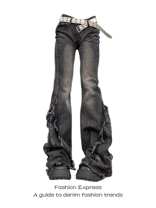 High-Waisted Black Frayed Hem Flared Jeans for Women - Slimming Wide-Leg Bell-Bottom Pants for Spring & Autumn, American Style Vibe