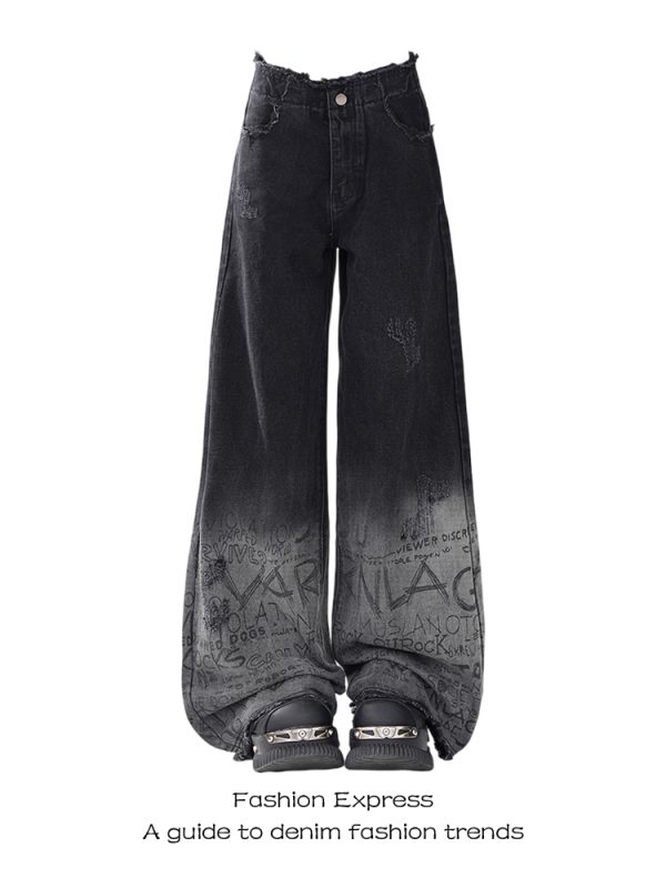 High-Waisted Black Gradient Graffiti Jeans for Women - Trendy Wide-Leg Floor-Length Pants for Autumn/Winter 2025, American Style