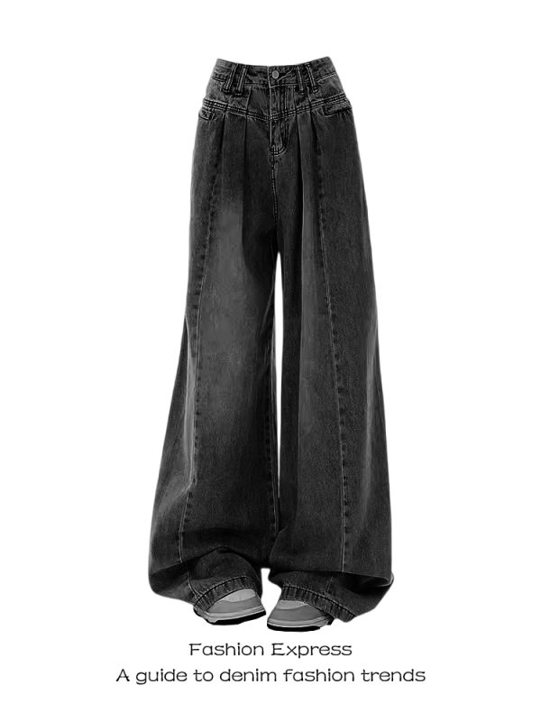 High-Waisted Black Gray Pleated Wide-Leg Jeans for Women - Loose Straight-Leg Floor-Length Pants for Autumn Winter 2025