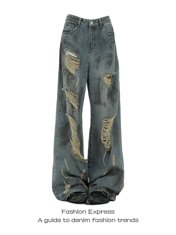 High-Waisted Black Ripped Vintage Tie-Dye Jeans for Women - Loose Straight-Leg Design, Floor-Length for Spring and Summer Style