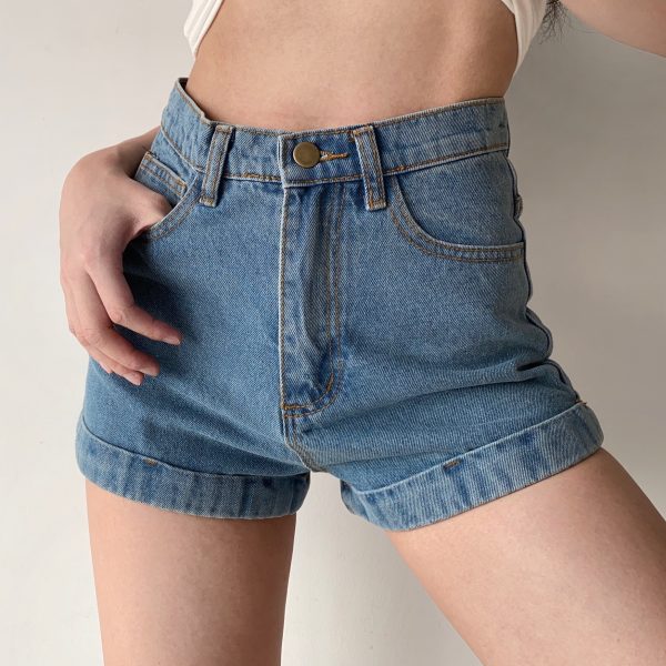 High-Waisted Cuffed Denim Shorts for Women - Vintage Classic Summer Slimming Hot Pants, Versatile 90s Style