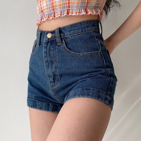 High-Waisted Cuffed Denim Shorts for Women - Vintage Classic Summer Slimming Hot Pants, Versatile 90s Style