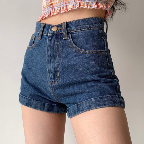High-Waisted Cuffed Denim Shorts for Women - Vintage Classic Summer Slimming Hot Pants, Versatile 90s Style