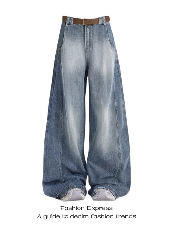 High-Waisted Deconstructed Curved Blade Jeans for Women - Vintage Washed Wide-Leg Scythe Pants for Autumn Winter 2025