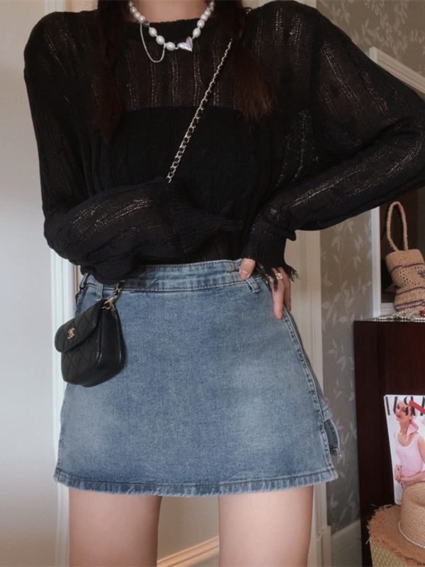 High-Waisted Denim Skirt with Safety Shorts - Versatile American Vintage Style for Spring/Summer 2024, Leg-Lengthening Fit