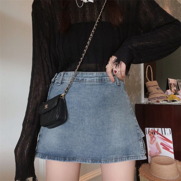High-Waisted Denim Skirt with Safety Shorts - Versatile American Vintage Style for Spring/Summer 2024, Leg-Lengthening Fit
