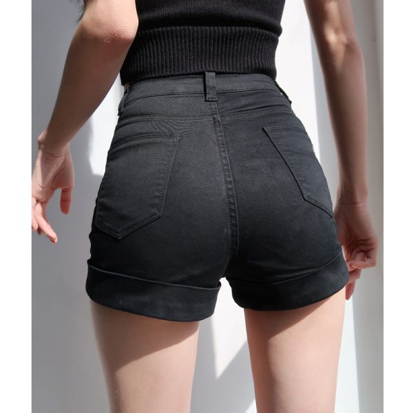 High-Waisted Distressed Denim Shorts - Vintage-Inspired Stretchy Slim-Fit with Rolled Hem - Classic American Style