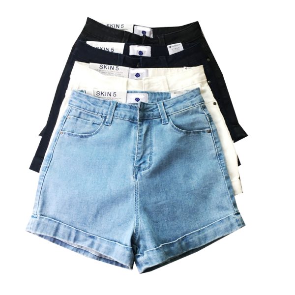 High-Waisted Distressed Denim Shorts - Vintage-Inspired Stretchy Slim-Fit with Rolled Hem - Classic American Style