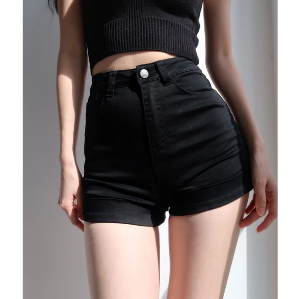 High-Waisted Distressed Denim Shorts - Vintage-Inspired Stretchy Slim-Fit with Rolled Hem - Classic American Style